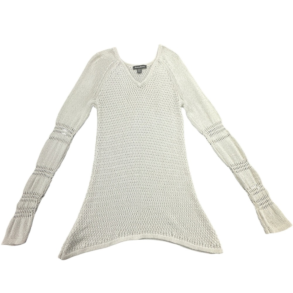 Tommy Bahama Womens Ivory V-Neck Crochet Knit Sharkbite Hem Tunic Sweater Size M - Picture 1 of 9